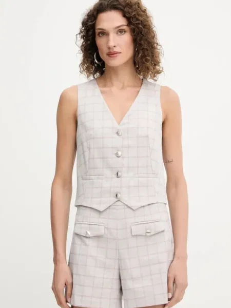 Vestă Morgan în carouri cu decolteu în V gri