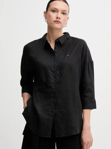 Lněná košile Tommy Hilfiger relaxed s klasickým límcem černá