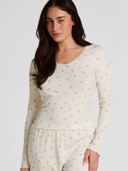 Hunkemöller Bluză de noapte Daisy albastru / albastru pastel / oliv / lână alb