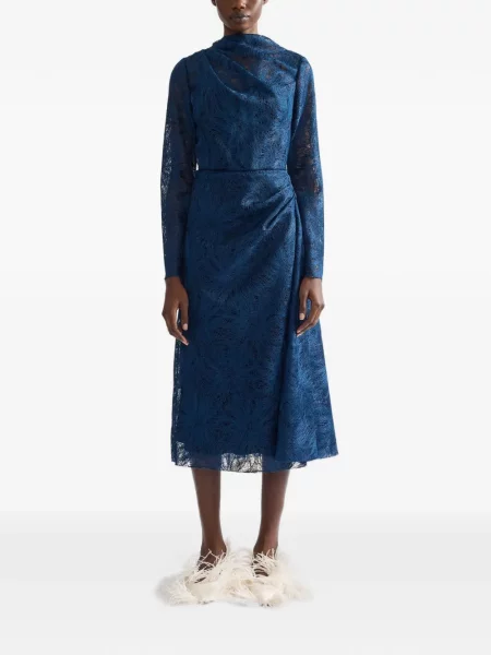Rochie midi Erdem cu model floral din dantelă drapată albastru