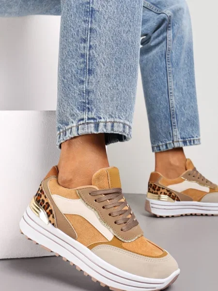 Sneakersy na Wysokiej Podeszwie z Błyszczącymi Wstawkami Lovana brązowe