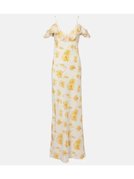 Rochie Rodarte de mătase cu model floral cu volane galben