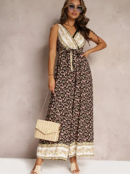 Salopetă Imprimat Floral Șnururi Umeri Taglieri negru