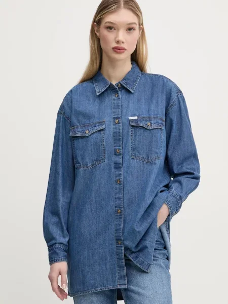Дънкова риза Guess Jeans дамска със свободна кройка с класическа яка синьо
