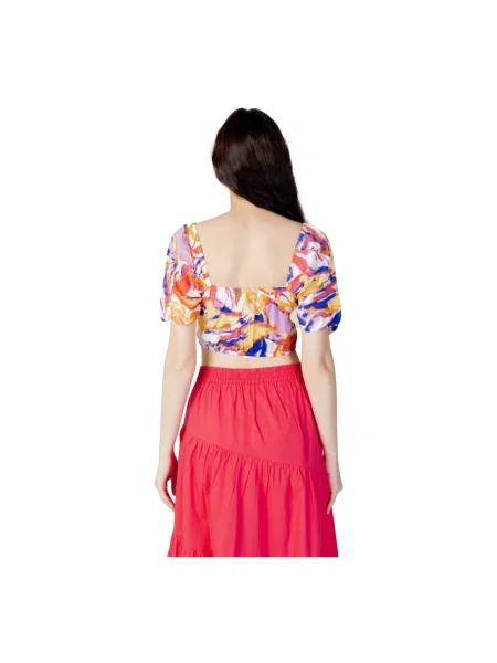 Krótka wielobarwność lniana bluzka Only niebieska