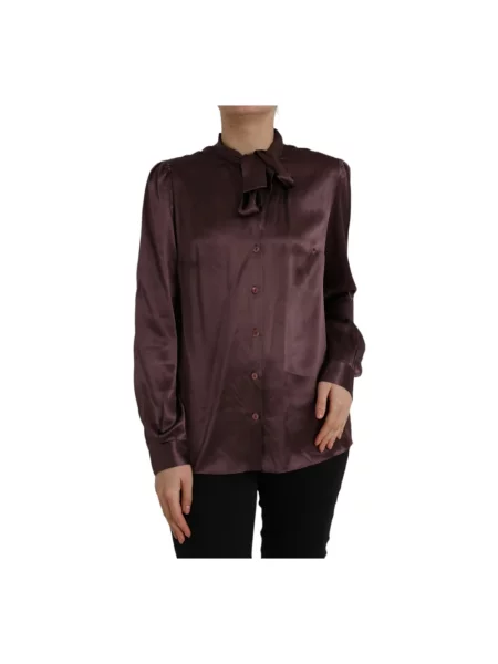 Jedwabna koszula Dolce And Gabbana z kokardką brązowa