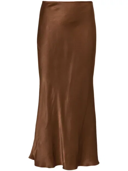 Fustă midi Manuri din satin până la genunchi maro