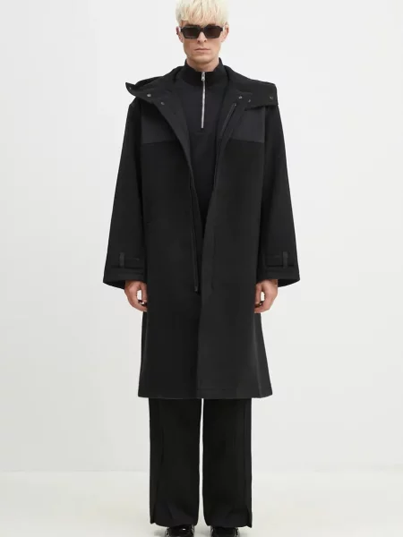 Vlněný kabát Mellton Coat přechodný oversize černá
