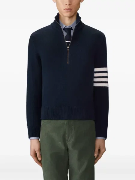 Pulover Thom Browne cu dungi de jumătate de fermoar albastru