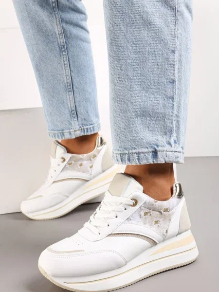 Biało-Beżowe Sznurowane Sneakersy z Ekoskóry z Błyszczącymi Wstawkami Fiviara białe