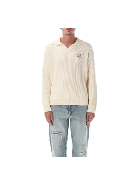 Haftowany dzianinowy sweter Maison Kitsune beżowy