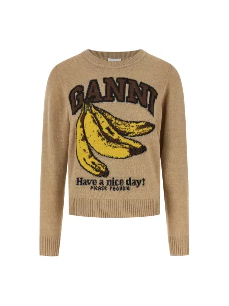 Sweter Ganni wełniany z nadrukiem beżowy