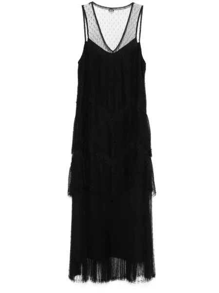 Rochie midi Twinset din tul plisată până la genunchi negru