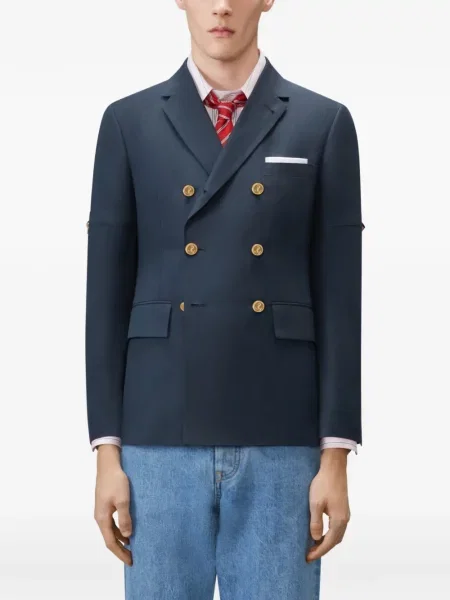 Pruhovaná dvouřadá bunda Thom Browne modrá