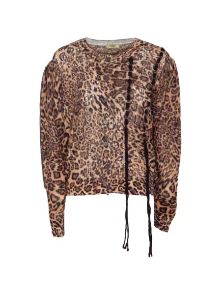 Cardigan Pho Firenze cu franjuri cu model leopard maro
