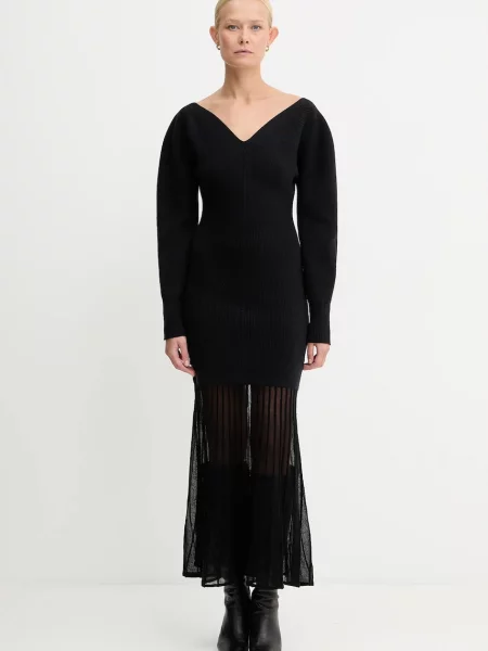 BOSS sukienka z dodatkiem wełny midi dopasowana czarny