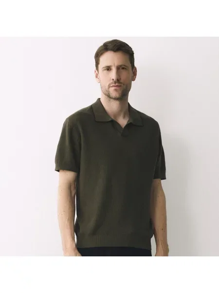 Reserved Lněné polo tričko olivová