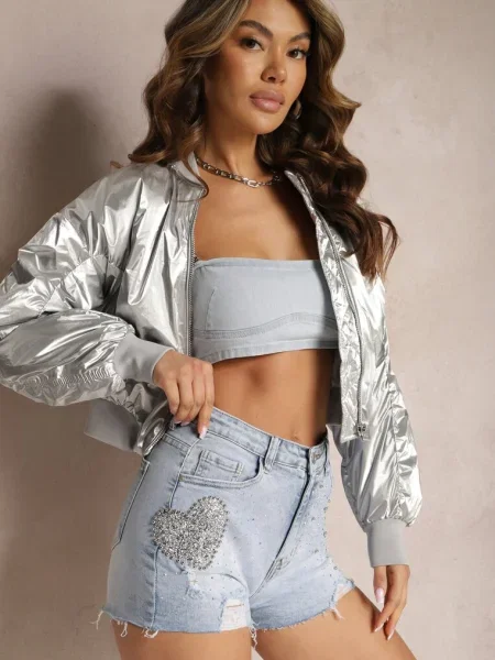 Jeansowe Szorty z Wysokim Stanem z Cyrkoniami i Dziurami Renpa niebieskie