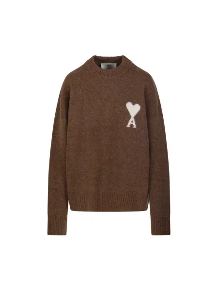 Sweter Ami Paris z okrągłym dekoltem brązowy
