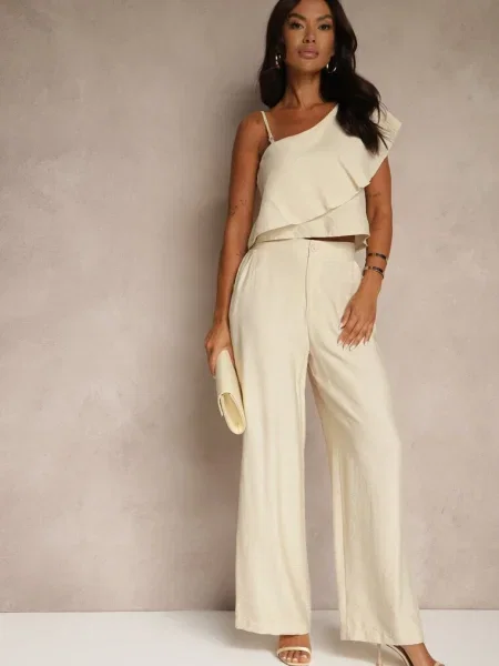 Komplet z Wiskozą Top z Falbanką na Jedno Ramię i Spodnie Wide Leg Nirellea beżowy