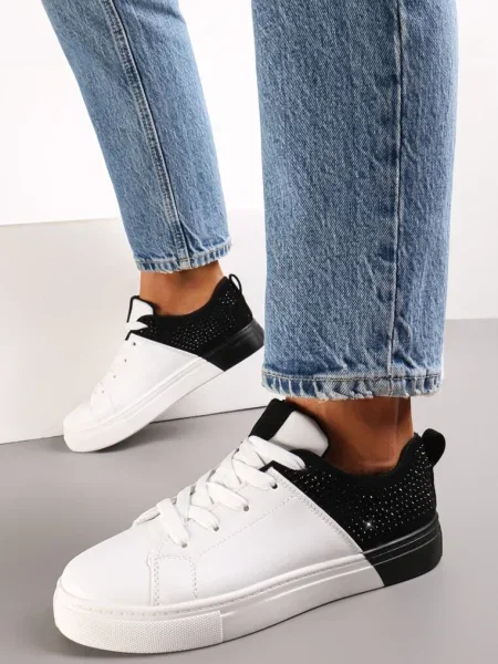 Sneakers Albi-Negri cu Șirete pe Talpă Groasă Plată cu Strasuri Hanuel alb