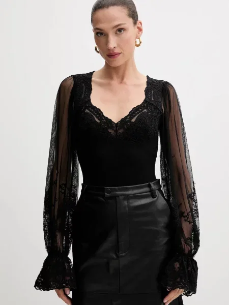 Bardot bluză cu imprimeu negru