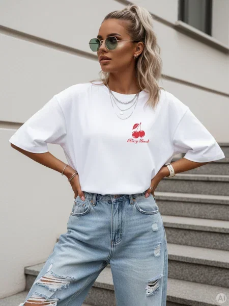 T-shirt oversize z nadrukiem Cherry Bomb Dstreet biały