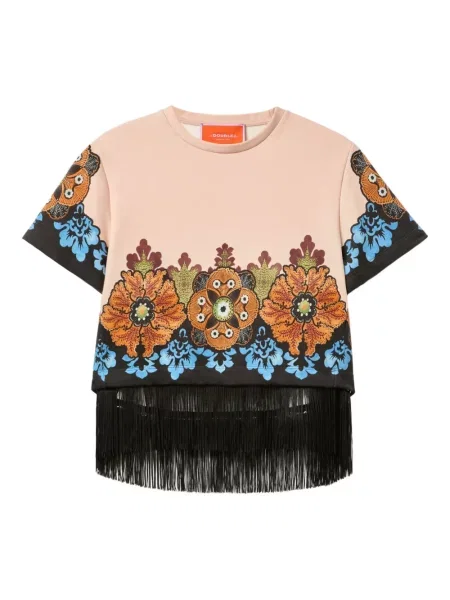 Koszulka La Doublej z frędzli w kwiatki różowa