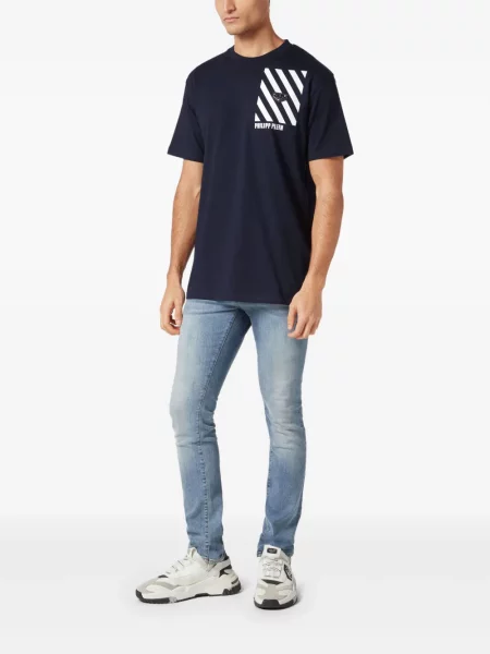 Tricou Philipp Plein cu dungi cu imagine albastru