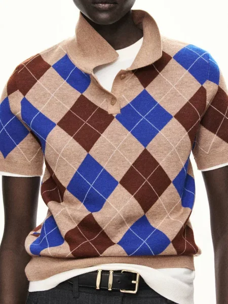 Sweter w romby z kołnierzykiem polo średni Kobieta M MANGO brązowy