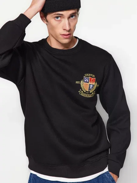 Hanorac din fleece Trendyol cu broderie din fleece negru
