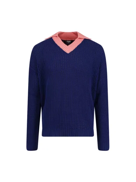Dzianinowy sweter Fendi z dekoltem w serek niebieski