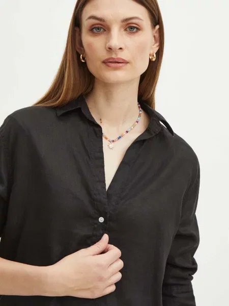 Medicine koszula lniana relaxed z kołnierzykiem klasycznym czarny