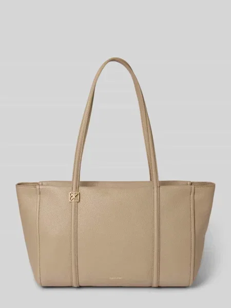 Torba shopper z Detal z logo Ck Calvin Klein beżowa