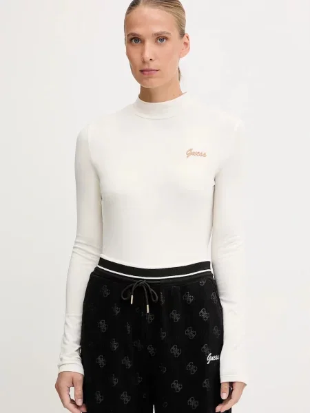 Блуза с дълги ръкави Guess ALBA с ниско поло бежово