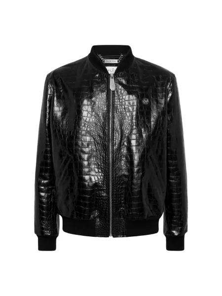 Kurtka skórzana Philipp Plein z nadrukiem czarna
