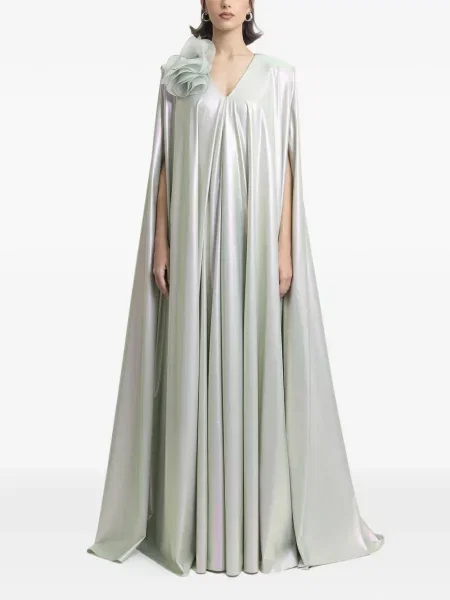 Sukienka maxi Gemy Maalouf w kwiatki z dekoltem w serek drapowana zielona