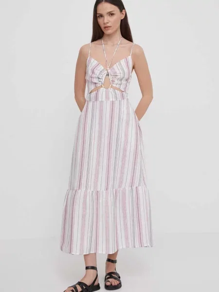 Lanena haljina Pepe Jeans midi širi se prema dolje