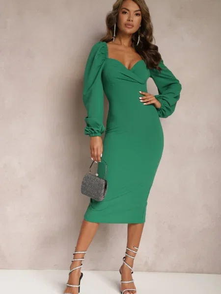 Rochie midi petrecută cu mâneci bufante Revie verde