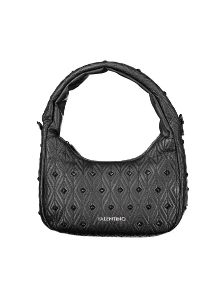 Lniana torebka hobo Valentino By Mario Valentino z ćwiekami pikowana czarna