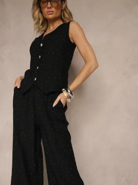 Komplet o Garniturowym Kroju z Lnem Kamizelka i Spodnie z Cyrkoniami Redavale czarny