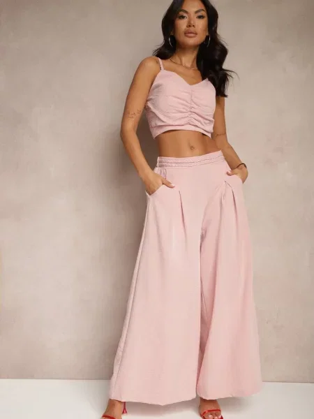 Komplet z Wiskozą Szerokie Spodnie Top z Usztywnianymi Miseczkami Tirtebis różowy