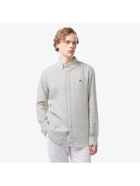Lacoste Koszula Wzorzysta Slim Fit beżowa
