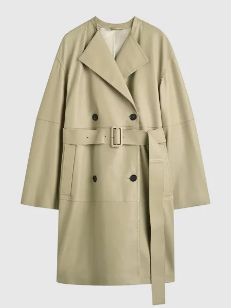 Кожаное двубортное пальто Toteme бежевое