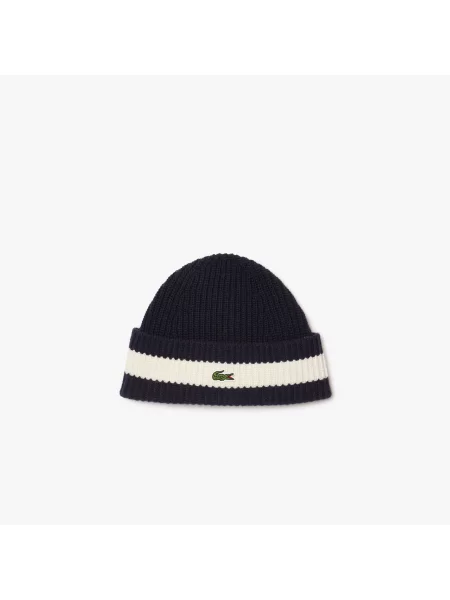 Lacoste Czapka Wełniana Z Prążkowanej Dzianiny granatowa
