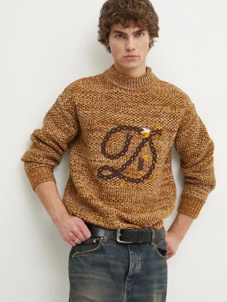 Drôle de Monsieur sweter wełniany La Maille D tressE ciepły z półgolfem brązowy