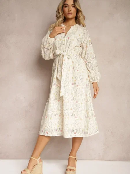 Rochie cloș cu din și imprimeu floral Dimtina bej