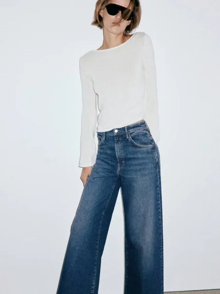Jeansy wide leg z wysokim stanem Kobieta 34 MANGO ciemnoniebieski