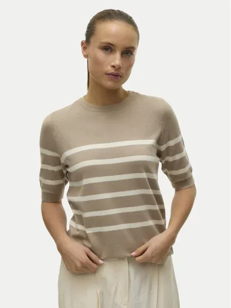 VERO MODA Pulover VMSABA maro cămilă / alb bej