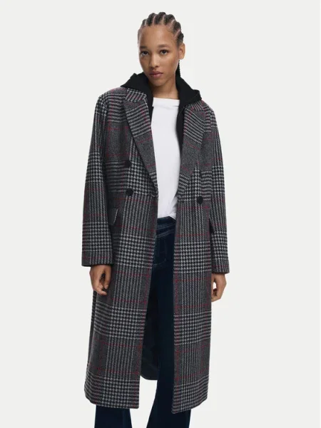 Палто с вълна Desigual CAPUCHA CHECK сиво